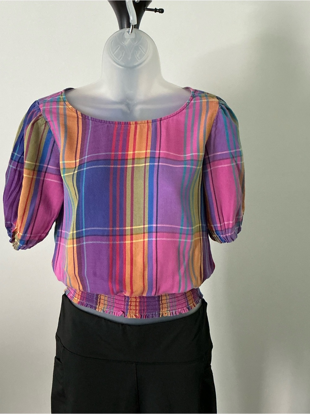 Ann Taylor Women’s Multicolor Plaid Balloon-Sleeve Top – S/P